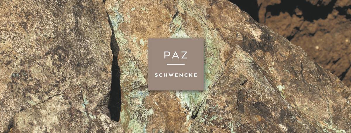 Logotipo de Paz Schwencke sobre una roca de cobre natural, artista visual y esmaltista de Aysén